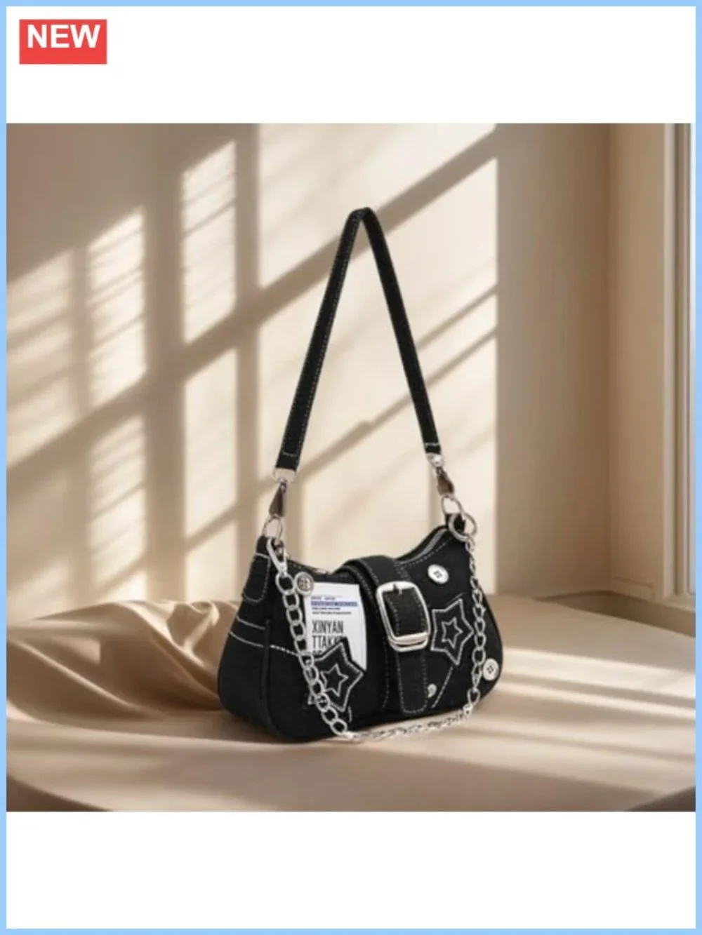 Distressed Denim Hobo Bag Chain Strap Y2K Shoulder Purse for Women